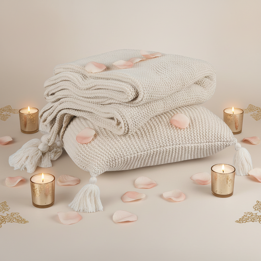 Chunky Knit Throw & Cushion Set - Beige