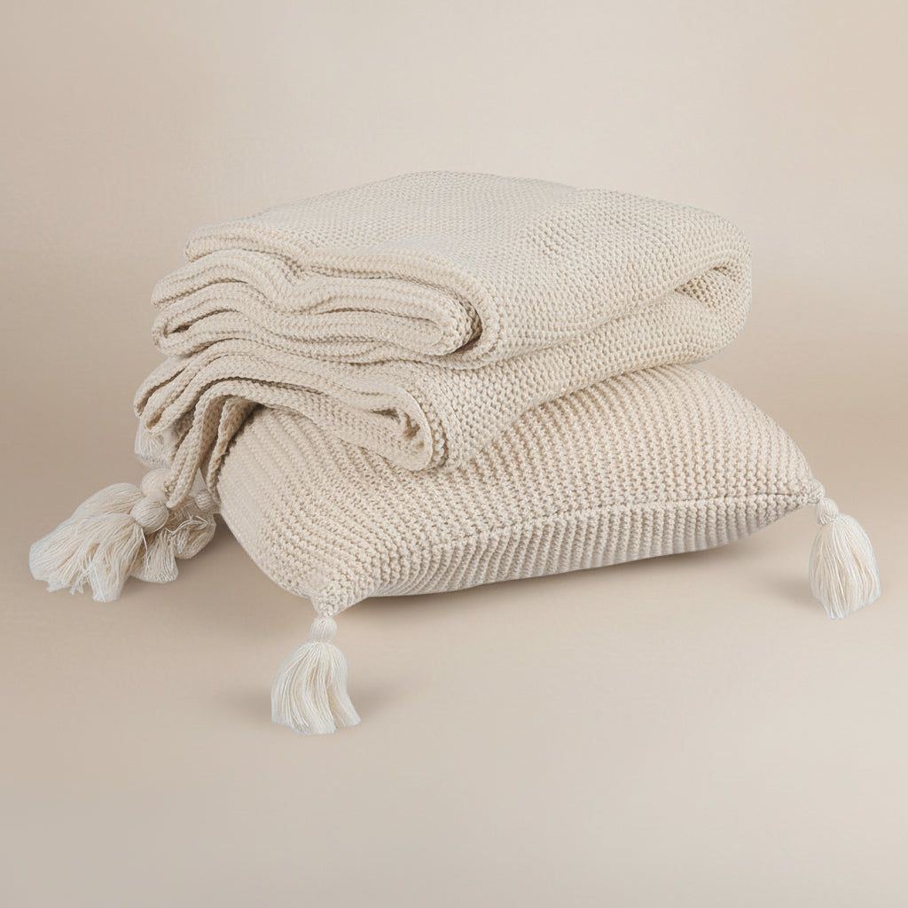 Chunky Knit Throw & Cushion Set - Beige