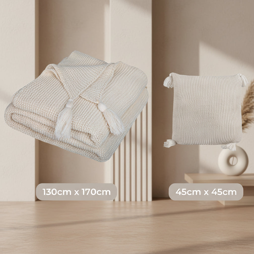 Chunky Knit Throw & Cushion Set - Beige